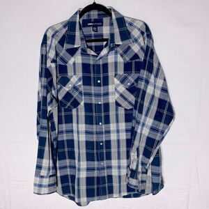 Vintage MWG Apparel Blue White Plaid Long Sleeve Western Pearl Snap Shirt XL